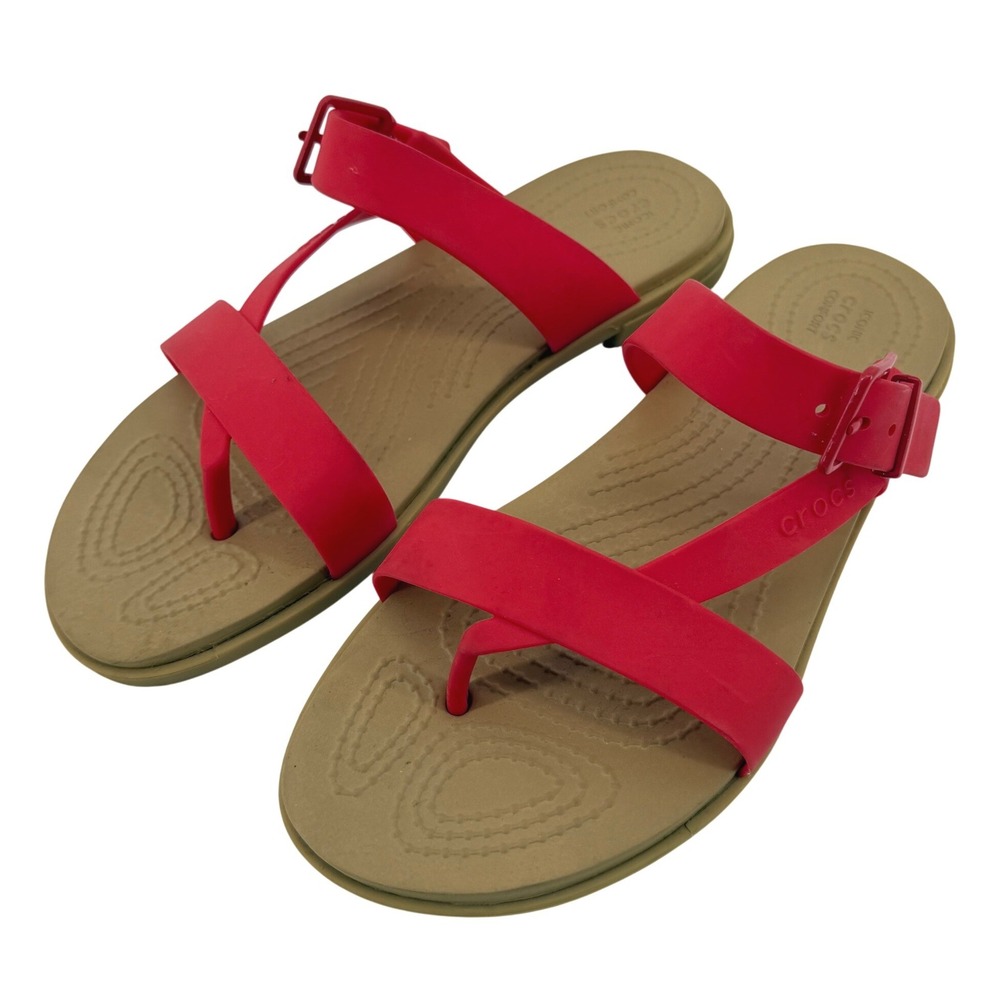 Crocs Tulum Toe Post Sandal Red Tan Women 6 Strappy Slip On Flip Flop Buckle